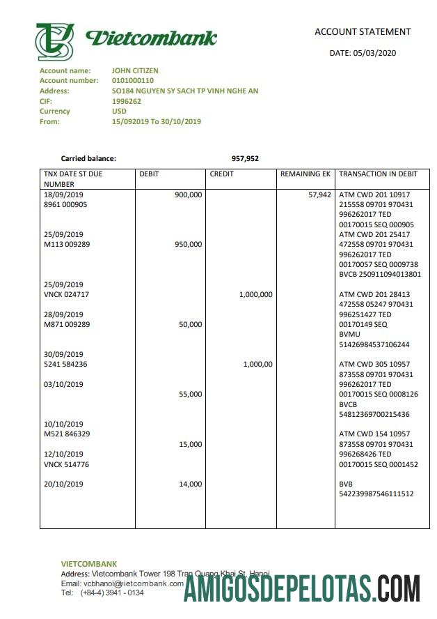 Modelo de extrato do Vietnã Vietcombank